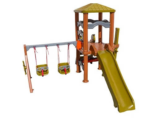 Brinquedo de pl�stico polietileno modular. Com patamar em formato de casinha com escorregador e balan�o baby 